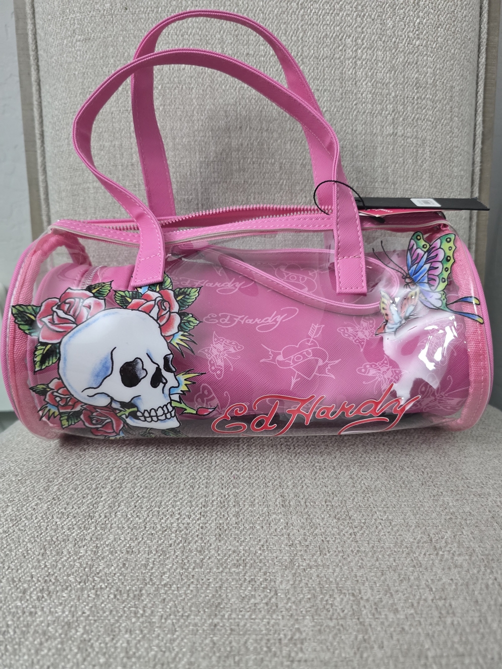 NWT Ed Hardy Pink Clear Barrel Bagwith Skull & Rose Graphic